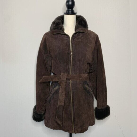 Wilsons Leather Brown Faux Fur Collar Cuffs Suede Leather Coat - Picture 17 of 17
